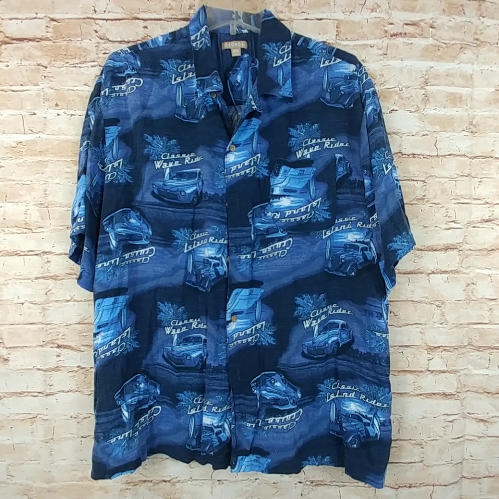 George Hawaiian shirt Blue classic car print straight hem XL